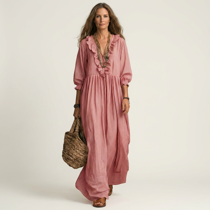 Yosetta | Abito Maxi a Righe con Scollo a V Ruffles e Maniche a Lanterna