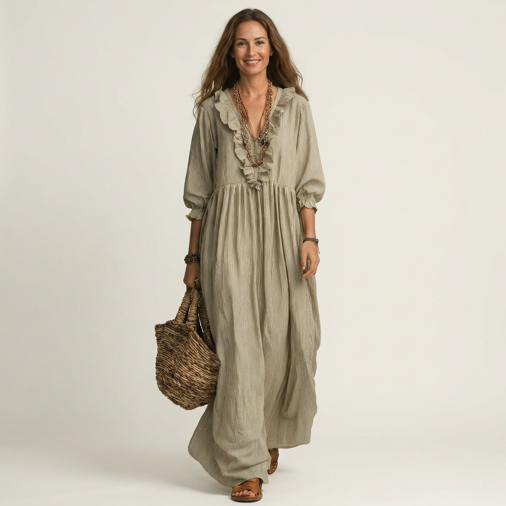 Yosetta | Abito Maxi a Righe con Scollo a V Ruffles e Maniche a Lanterna