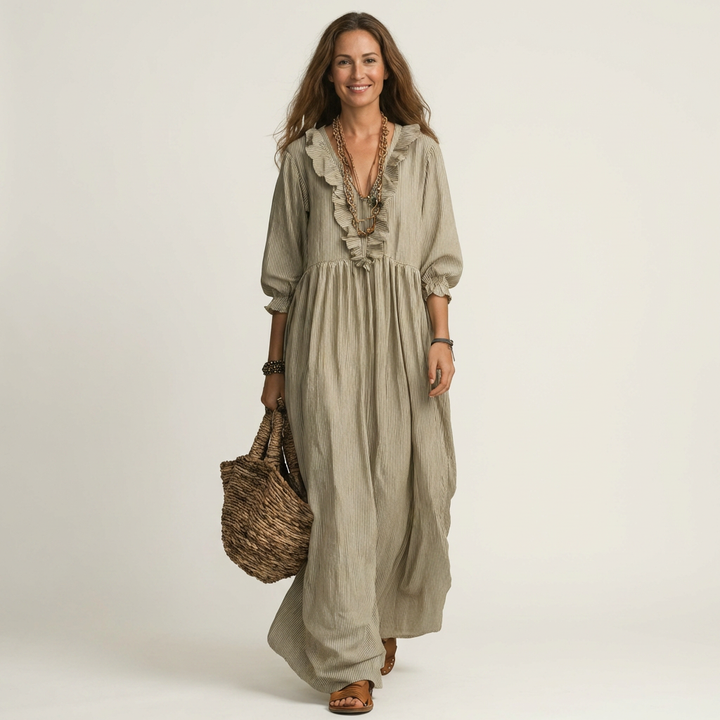 Yosetta | Abito Maxi a Righe con Scollo a V Ruffles e Maniche a Lanterna