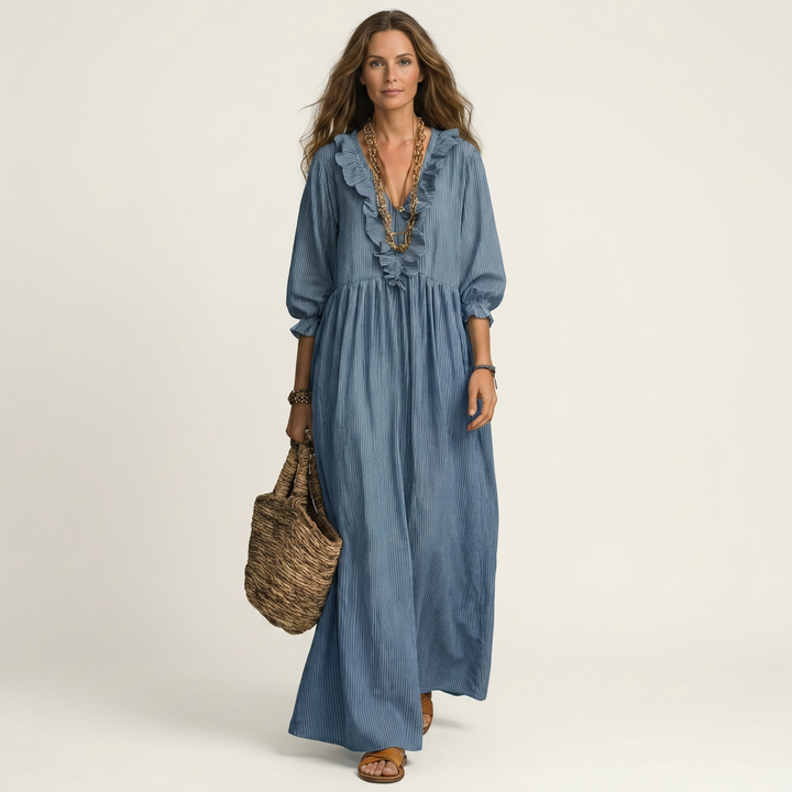 Yosetta | Abito Maxi a Righe con Scollo a V Ruffles e Maniche a Lanterna