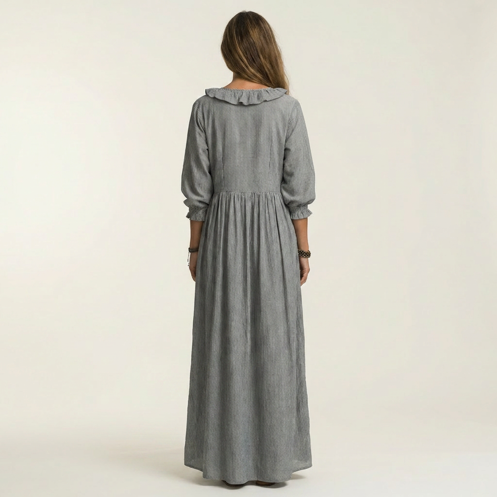 Yosetta | Abito Maxi a Righe con Scollo a V Ruffles e Maniche a Lanterna