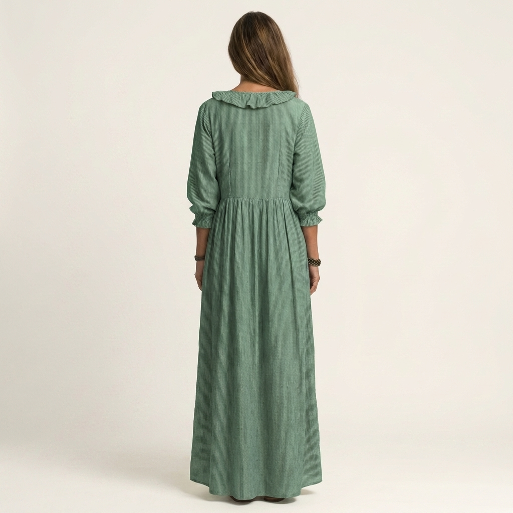 Yosetta | Abito Maxi a Righe con Scollo a V Ruffles e Maniche a Lanterna