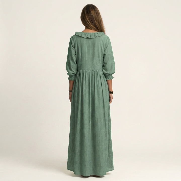Yosetta | Abito Maxi a Righe con Scollo a V Ruffles e Maniche a Lanterna