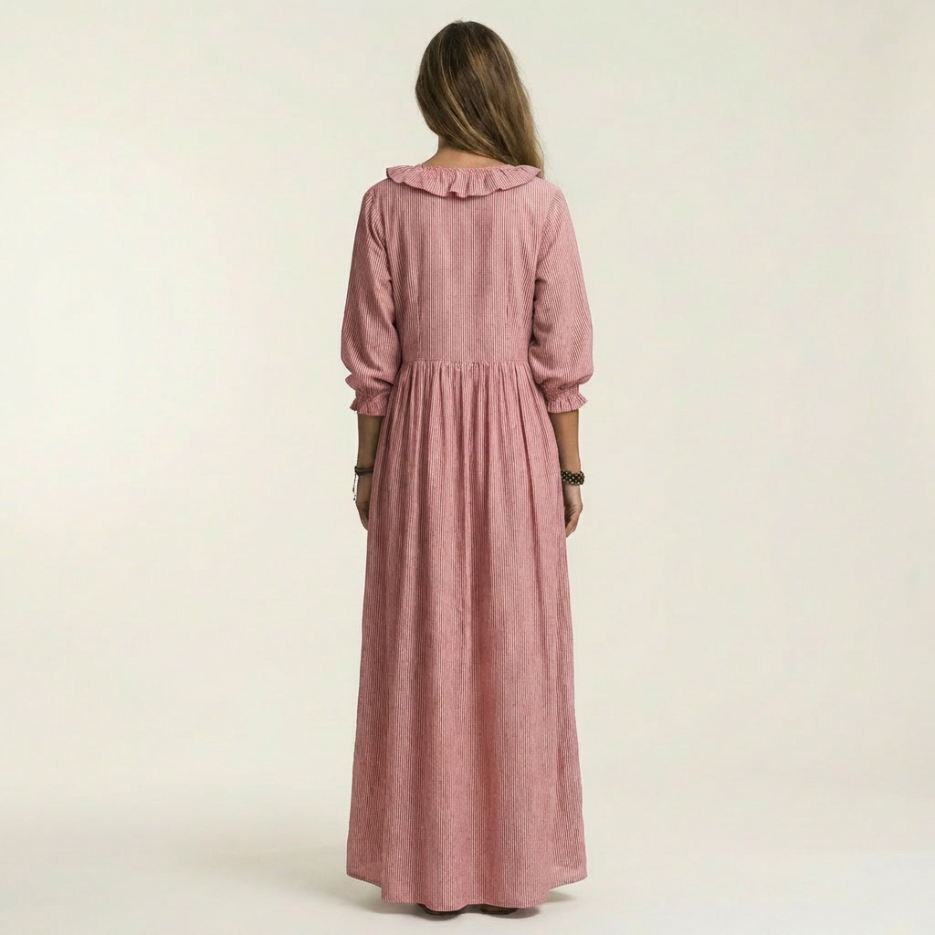 Yosetta | Abito Maxi a Righe con Scollo a V Ruffles e Maniche a Lanterna