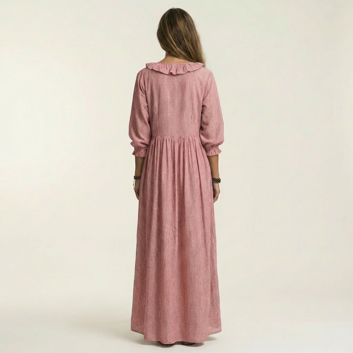 Yosetta | Abito Maxi a Righe con Scollo a V Ruffles e Maniche a Lanterna