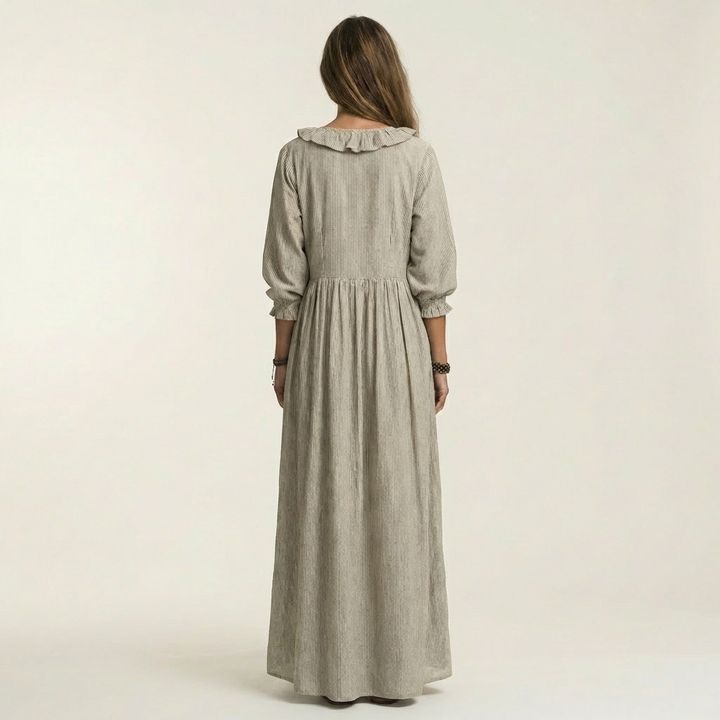 Yosetta | Abito Maxi a Righe con Scollo a V Ruffles e Maniche a Lanterna