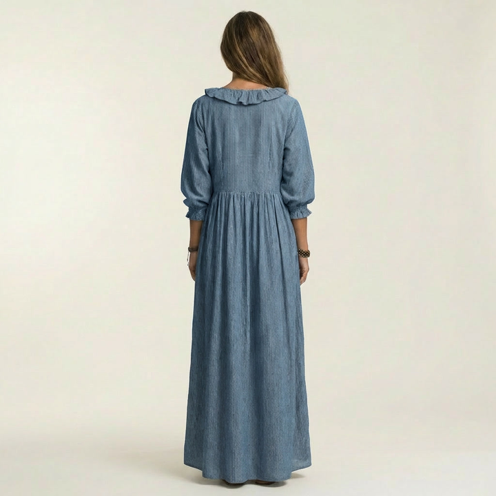 Yosetta | Abito Maxi a Righe con Scollo a V Ruffles e Maniche a Lanterna