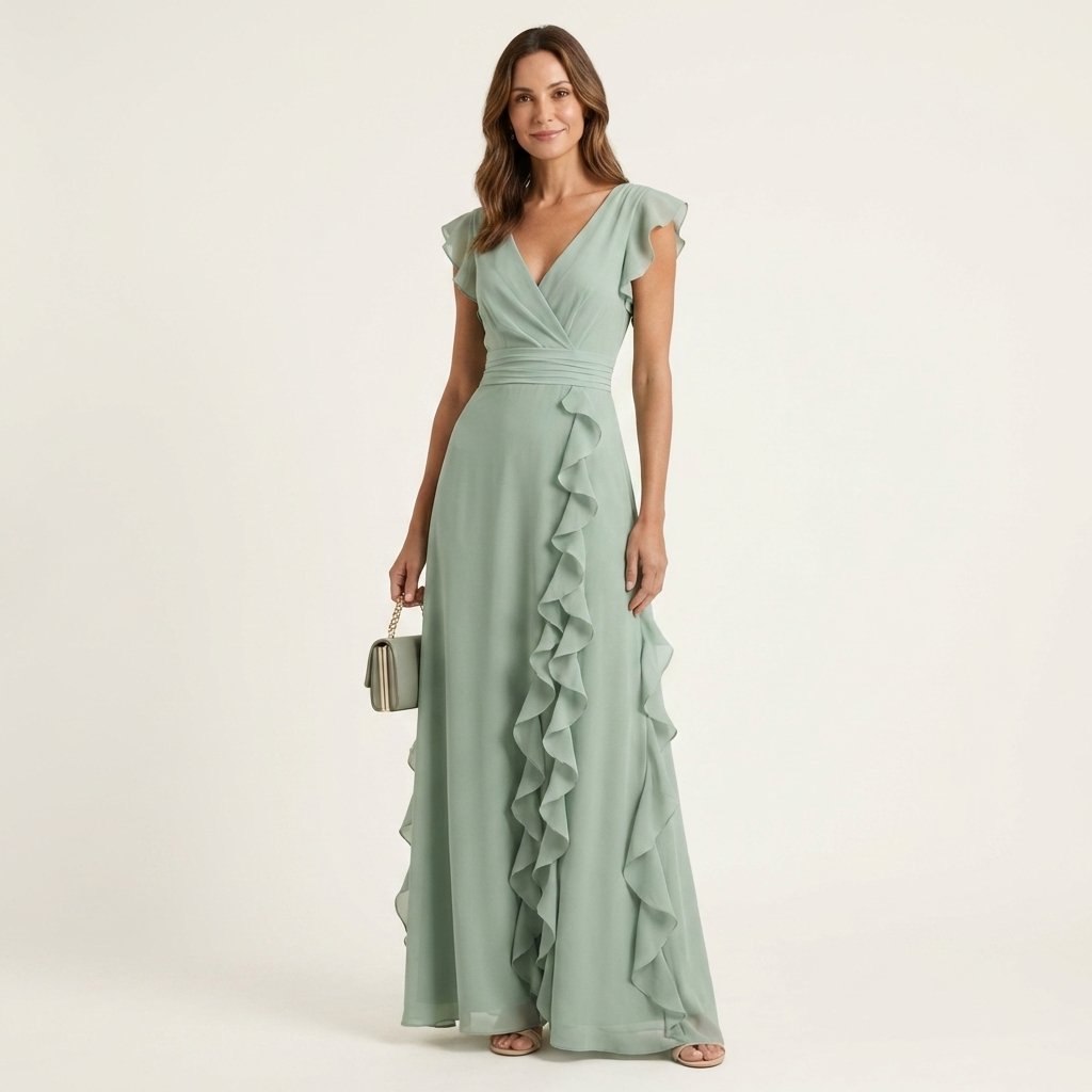 Nellyana | Abito Maxi con Scollo a V e Maniche a Sbuffo