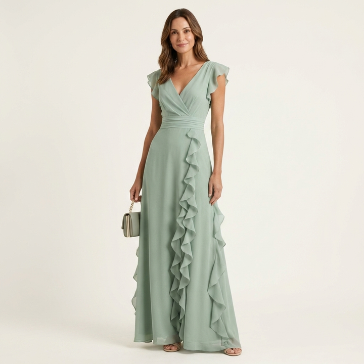 Nellyana | Abito Maxi con Scollo a V e Maniche a Sbuffo