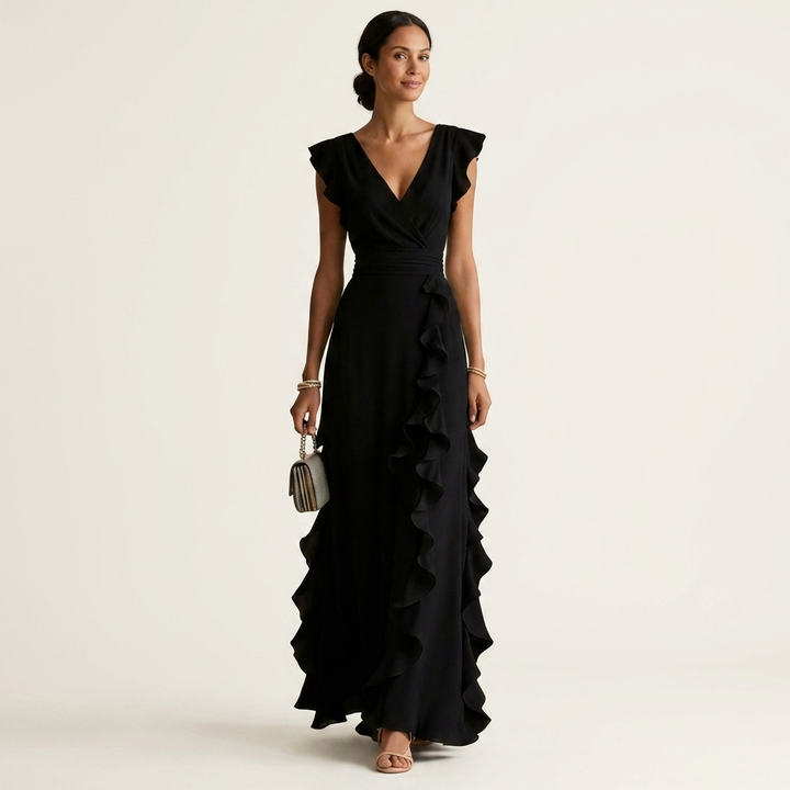 Nellyana | Abito Maxi con Scollo a V e Maniche a Sbuffo