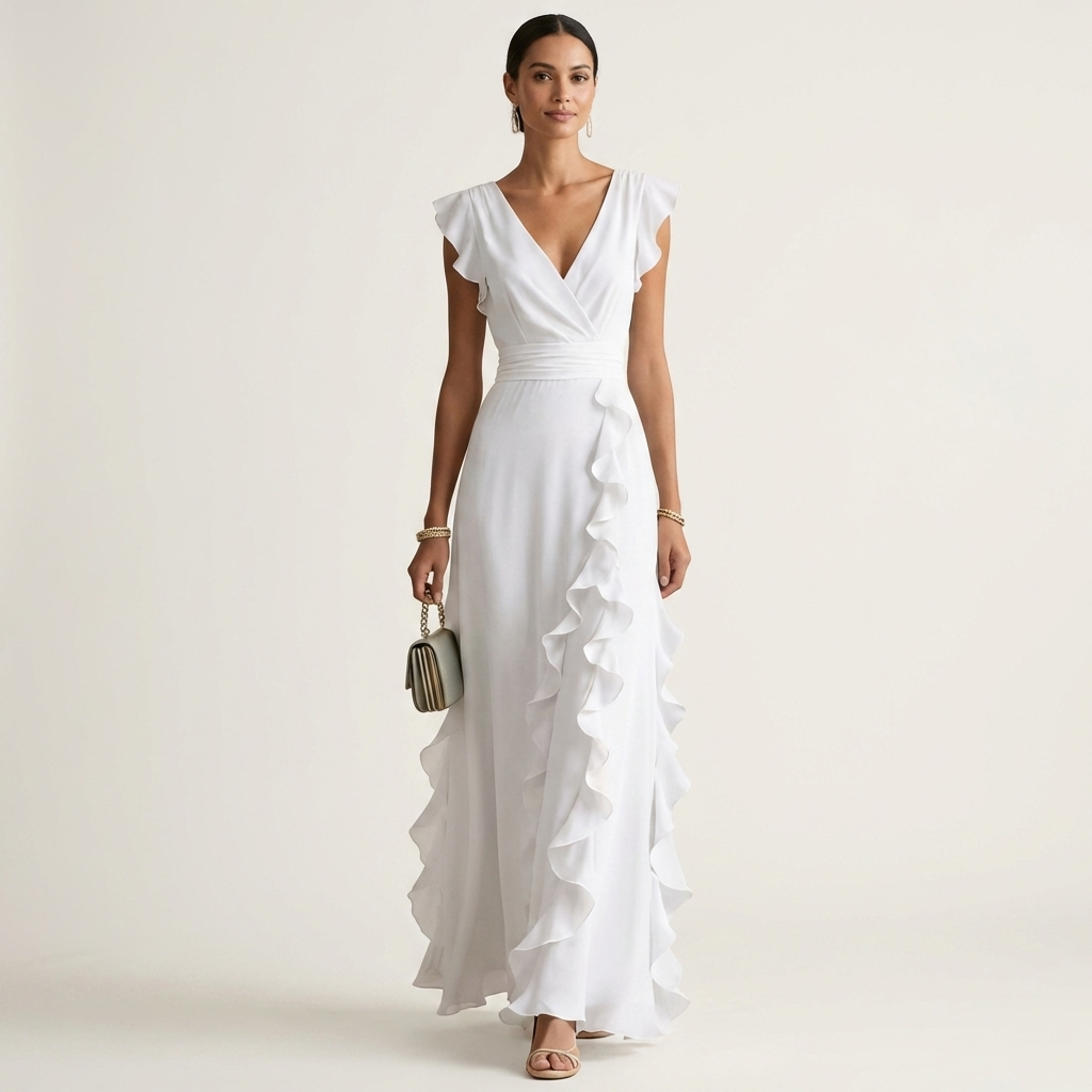 Nellyana | Abito Maxi con Scollo a V e Maniche a Sbuffo