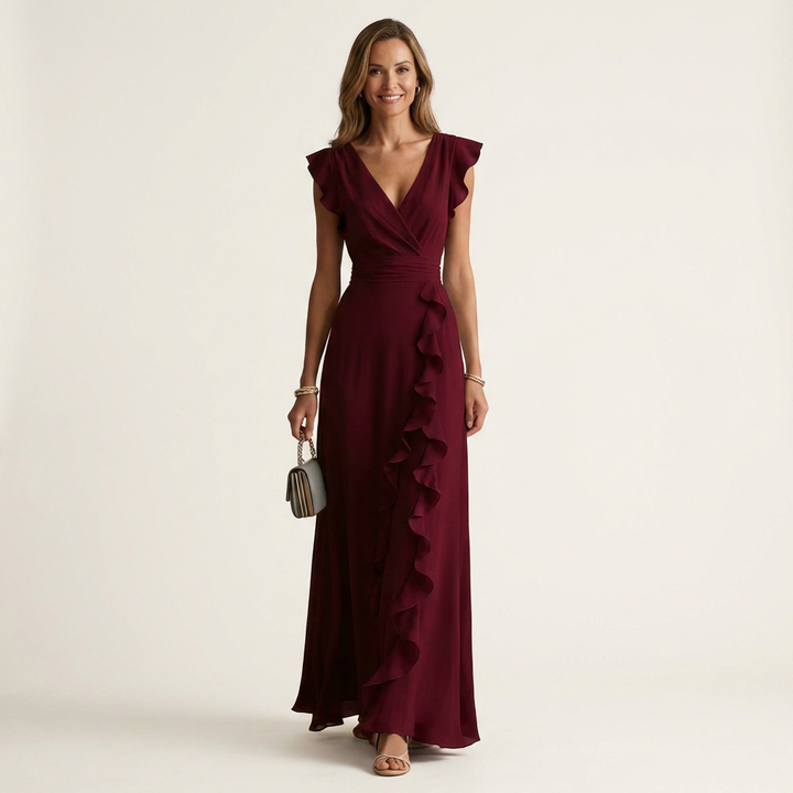 Nellyana | Abito Maxi con Scollo a V e Maniche a Sbuffo