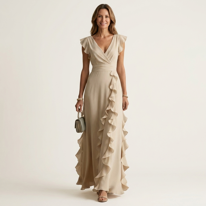 Nellyana | Abito Maxi con Scollo a V e Maniche a Sbuffo