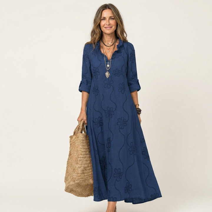 Mariam | Abito Maxi in Cotone-Lino con Ricamo Floreale Tonale