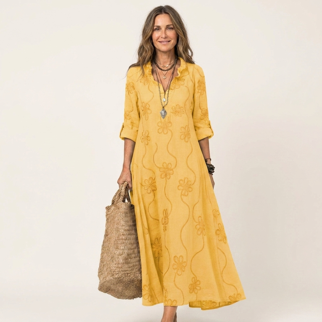 Mariam | Abito Maxi in Cotone-Lino con Ricamo Floreale Tonale