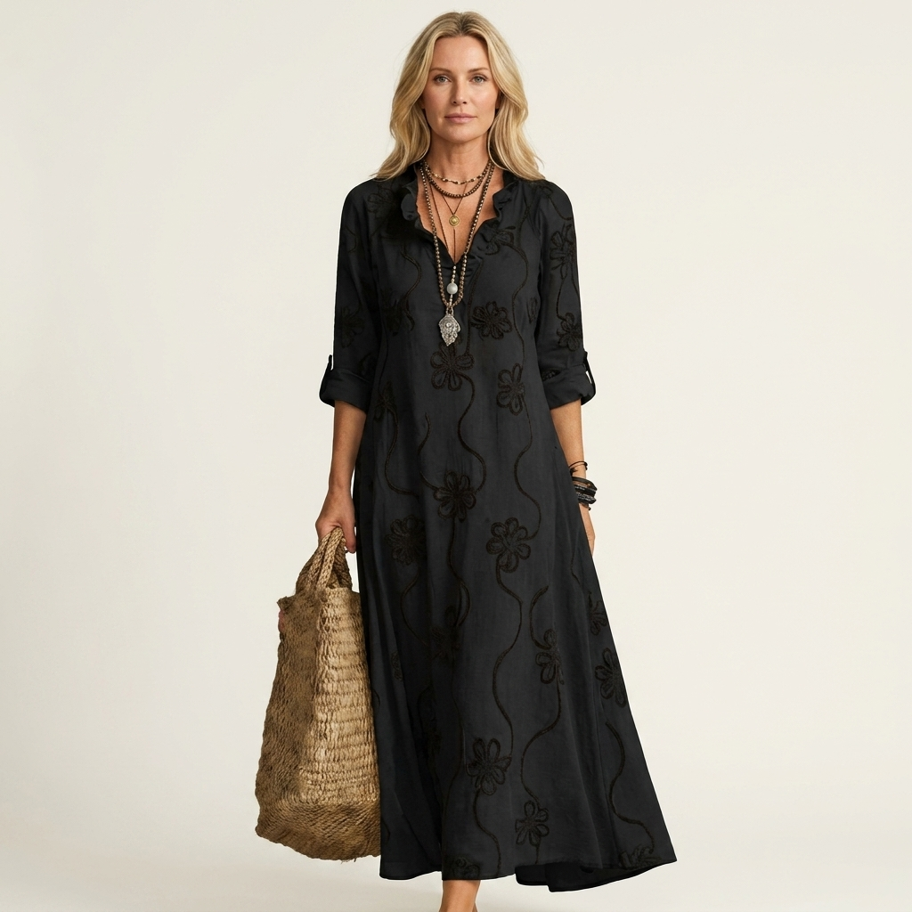 Mariam | Abito Maxi in Cotone-Lino con Ricamo Floreale Tonale