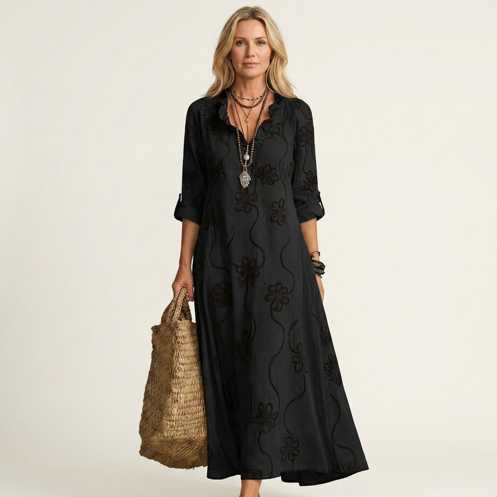 Mariam | Abito Maxi in Cotone-Lino con Ricamo Floreale Tonale
