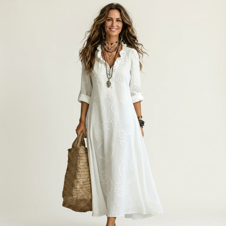 Mariam | Abito Maxi in Cotone-Lino con Ricamo Floreale Tonale