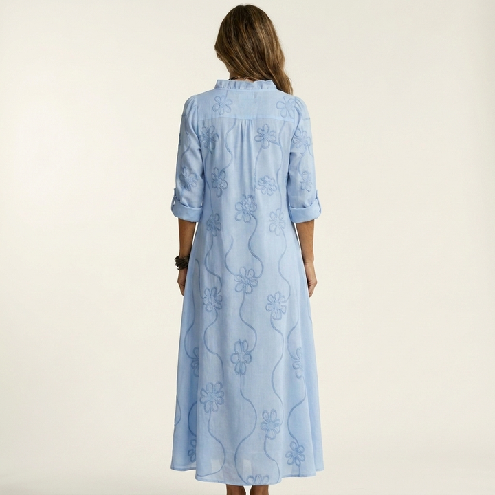 Mariam | Abito Maxi in Cotone-Lino con Ricamo Floreale Tonale