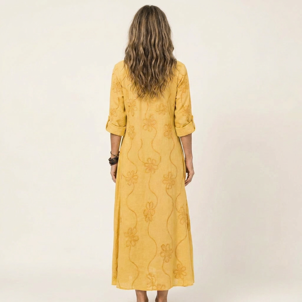 Mariam | Abito Maxi in Cotone-Lino con Ricamo Floreale Tonale