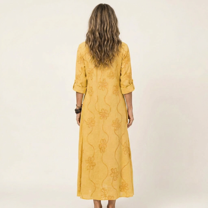Mariam | Abito Maxi in Cotone-Lino con Ricamo Floreale Tonale