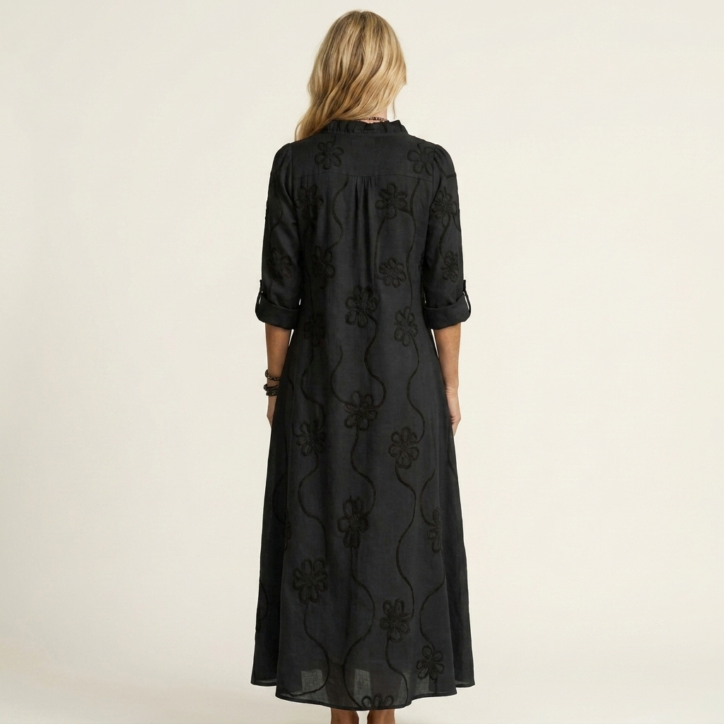 Mariam | Abito Maxi in Cotone-Lino con Ricamo Floreale Tonale