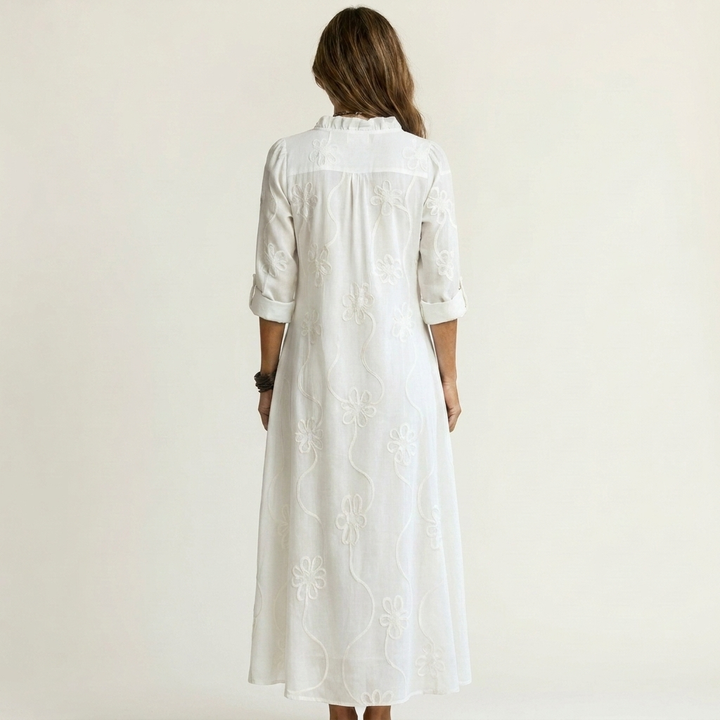 Mariam | Abito Maxi in Cotone-Lino con Ricamo Floreale Tonale