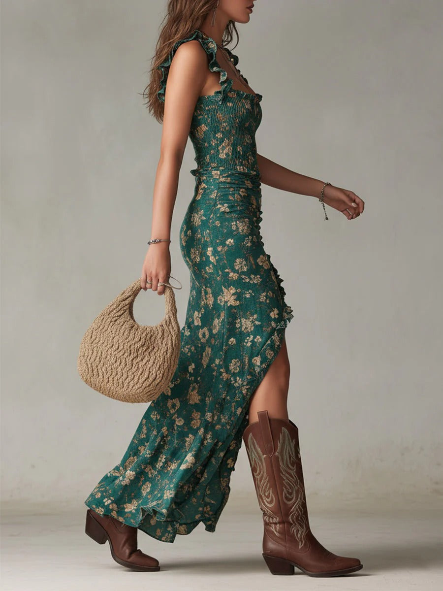 Zara™ | Abito maxi bohemien arricciato con stampa floreale e spacco laterale