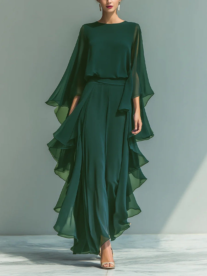 Clara - Completo in chiffon blu navy con maniche a campana e pantaloni a gamba dritta con volant