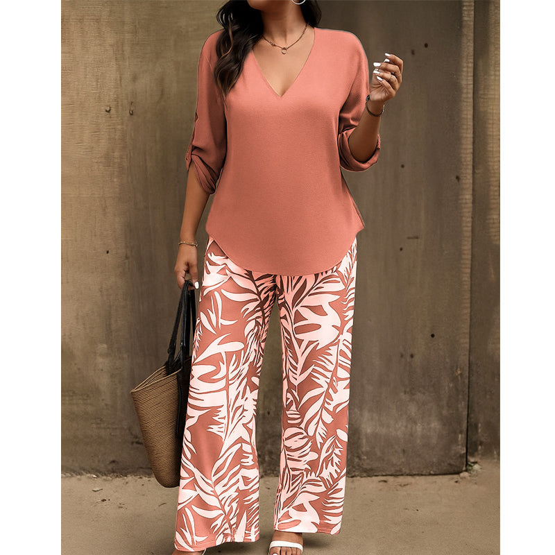 Leire | Completo da Donna con Blusa con Scollo a V e Pantaloni Ampi Stampati