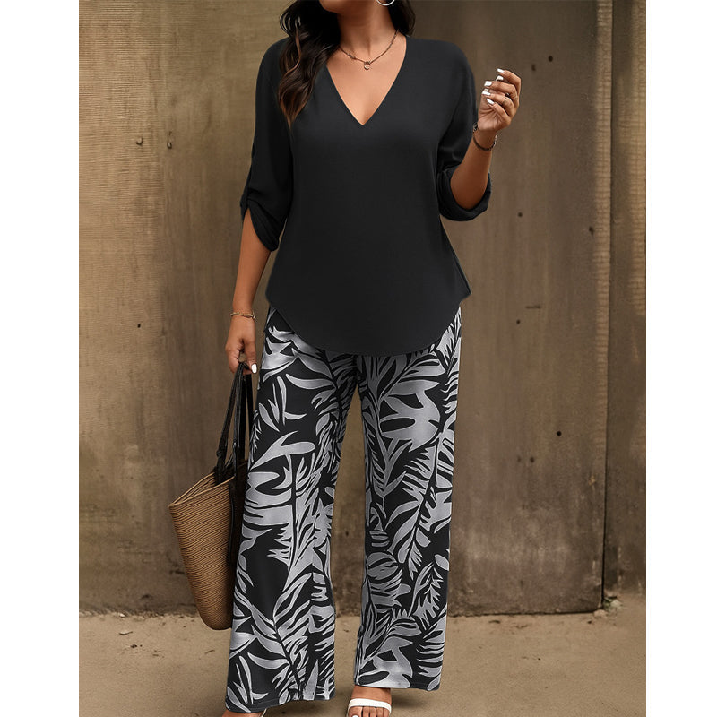 Leire | Completo da Donna con Blusa con Scollo a V e Pantaloni Ampi Stampati